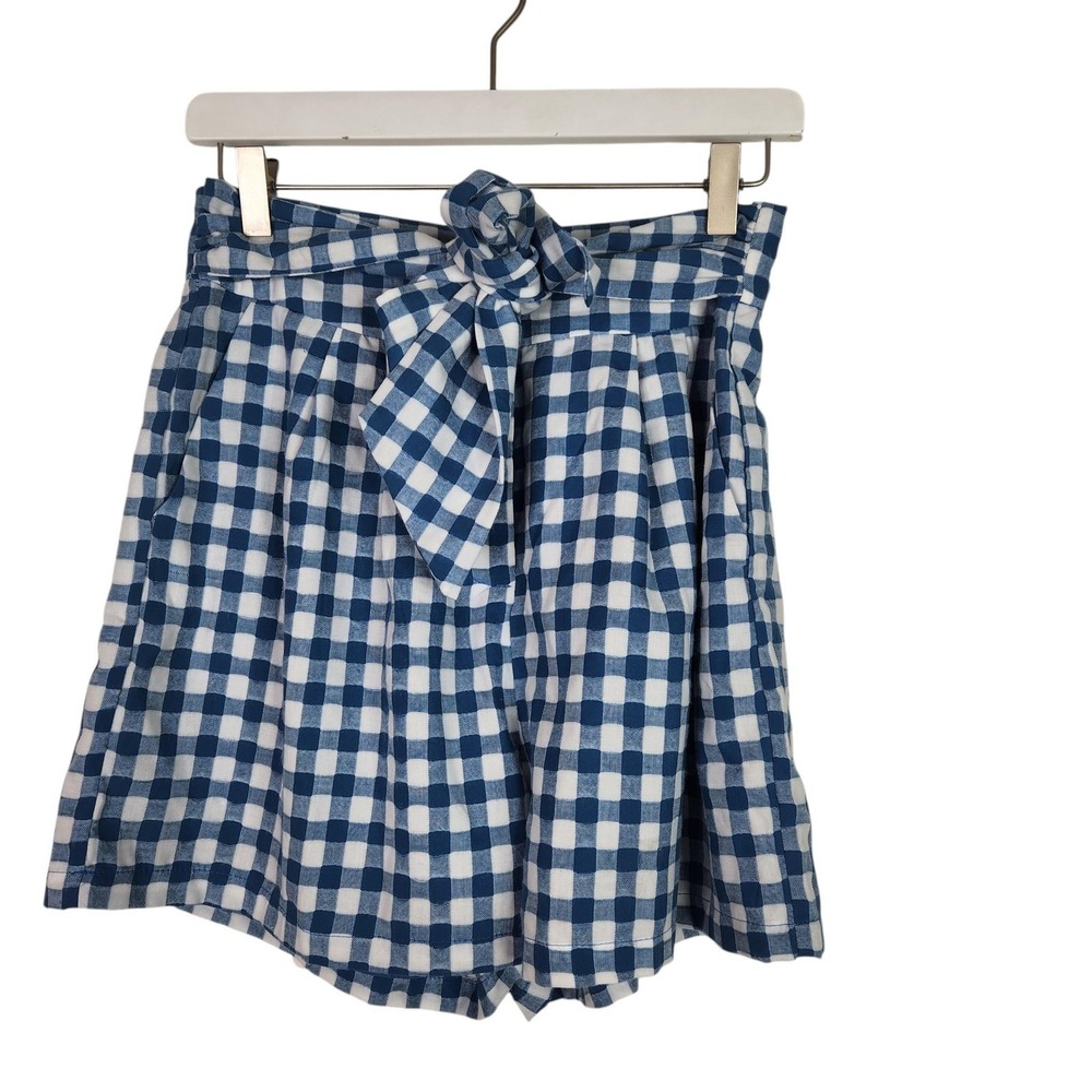 FRNCH Paperbag Shorts Womens Medium Blue Gingham Check Tie Waist Pockets Pleated